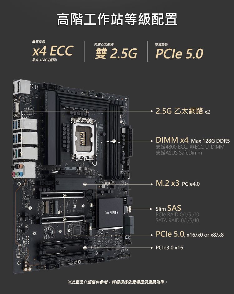 高階工作站等級配置最高支援內建乙太網路支援最新x4 CC雙 2.5GPCle 5.0最高 128G (選配)BUIL FR O2.5G乙太網路 EDIMM x4 Max 128G DDR5支援4800 ECC ECC U-DIMM T支援ASUS SafeDimmM.2   SERIESSlim SASPCle RAID 0/1/5 /10SATA RAID 0/1/5/10PCle 5.0 x16/x0 or x8/x8PCle3.0 x16※此產品介紹僅供參考,詳細規格依賣場提供資訊為準。