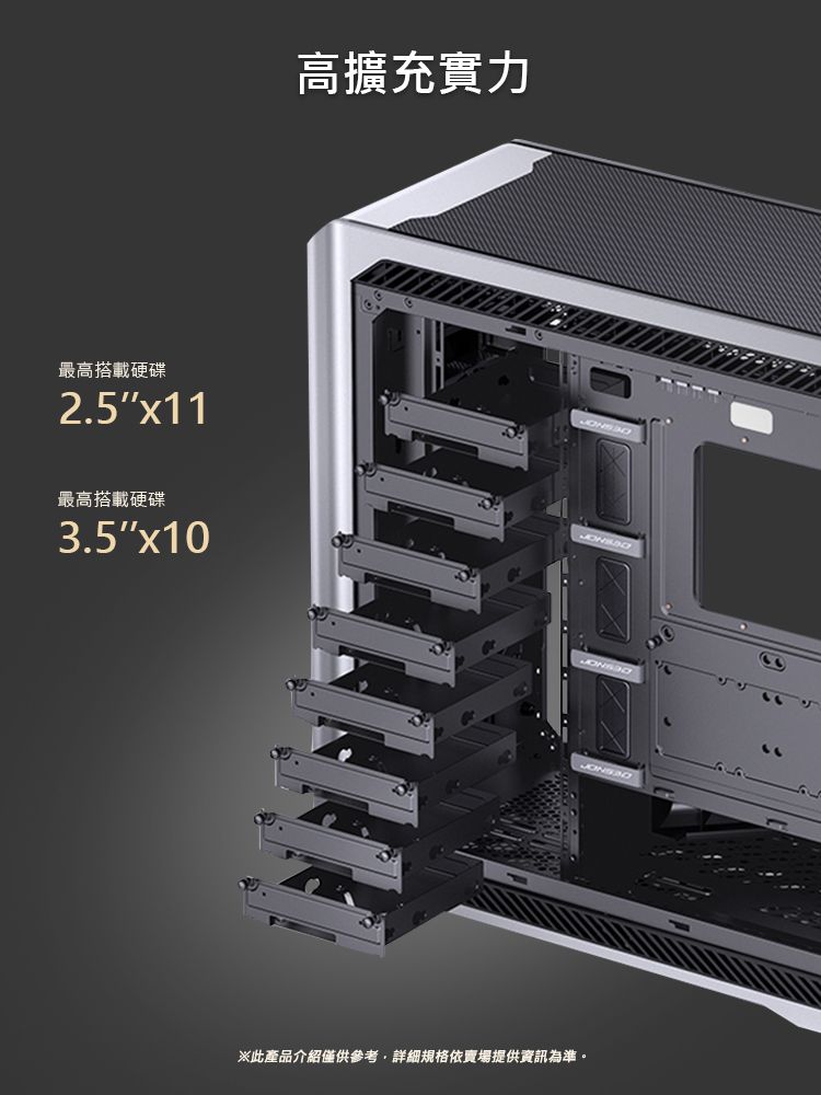 最高搭載硬碟2.5x11高擴充實力最高搭載硬碟3.5x10※此產品介紹僅供參考詳細規格依賣場提供資訊為準。