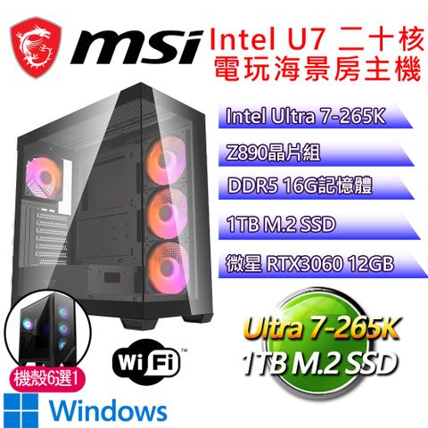 微星平台【安穩P】Ultra 7二十核 RTX3060 WIN11P 海景房電玩電腦(U7-265K/Z890/16G D5/1TB)