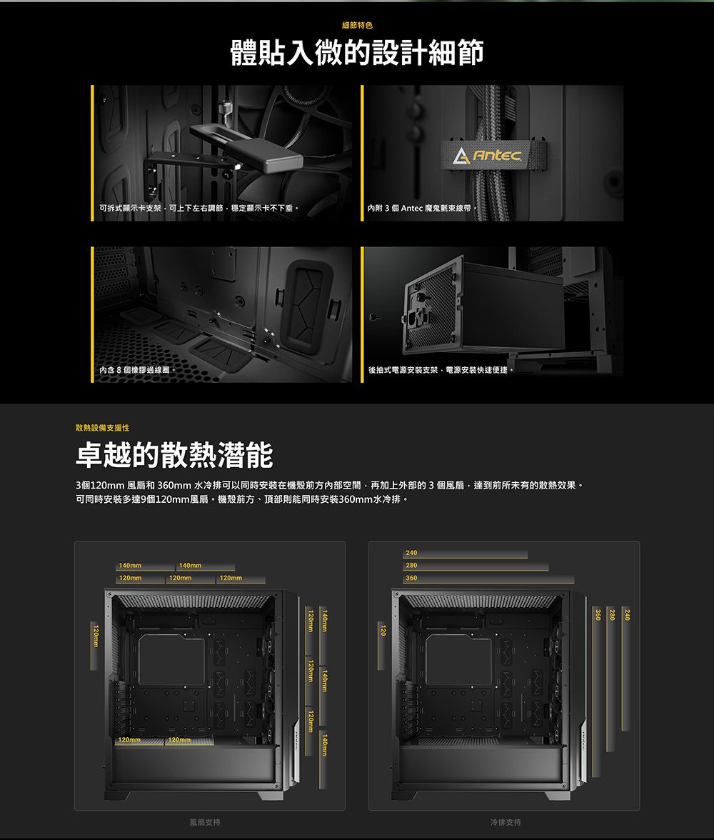 細節特色體貼入微的設計細節 Antec可拆式顯示卡支架可上下左右調節穩定顯示卡不下垂內附 3 個 Antec 魔鬼氈束線帶內含8個橡膠過線圈後抽式電源安装支架電源安裝快速便捷。散熱設備支援性卓越的散熱潜能3個 風扇和 36mm 水冷排可以同時安裝在機殼前方內部空間再加上外部的3個風扇,達到前所未有的散熱效果。可同時安裝多達9個120mm風扇。機殼前方、頂部則能同時安裝360mm水冷排。140mm140mm120mm120mm120mm120mm 120mm風120mm 120mr140mm 140mm-0240280360冷排支持