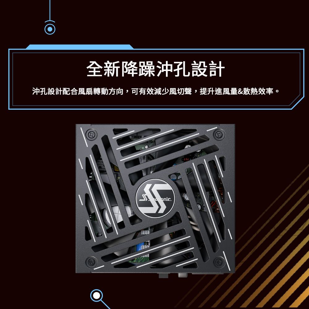 全新降躁沖孔設計沖孔設計配合風扇轉動方向,可有效減少風切聲,提升進風量&amp;散熱效率。