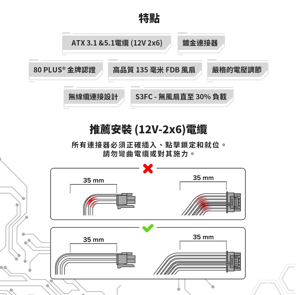特點ATX 3.1 &amp;5.1電纜(12V26)鍍金連接器80 PLUS ® 金牌認證 高品質 135 毫米 FDB 風扇 嚴格的電壓調節無線纜連接設計 S3FC - 無風扇直至 30% 負載推薦安裝(12V-2x6)電纜所有連接器必須正確插入、點擊鎖定和就位。請勿彎曲電纜或對其施力。35 mmx35mm35 mm35mm