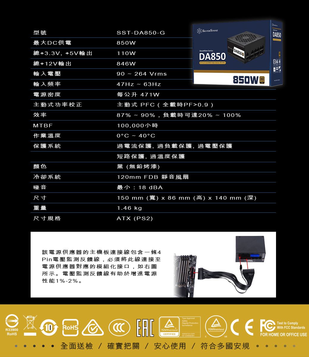 銀欣DA850-G 850W 80 PLUS金牌認證全模組ATX電源- PChome 24h購物