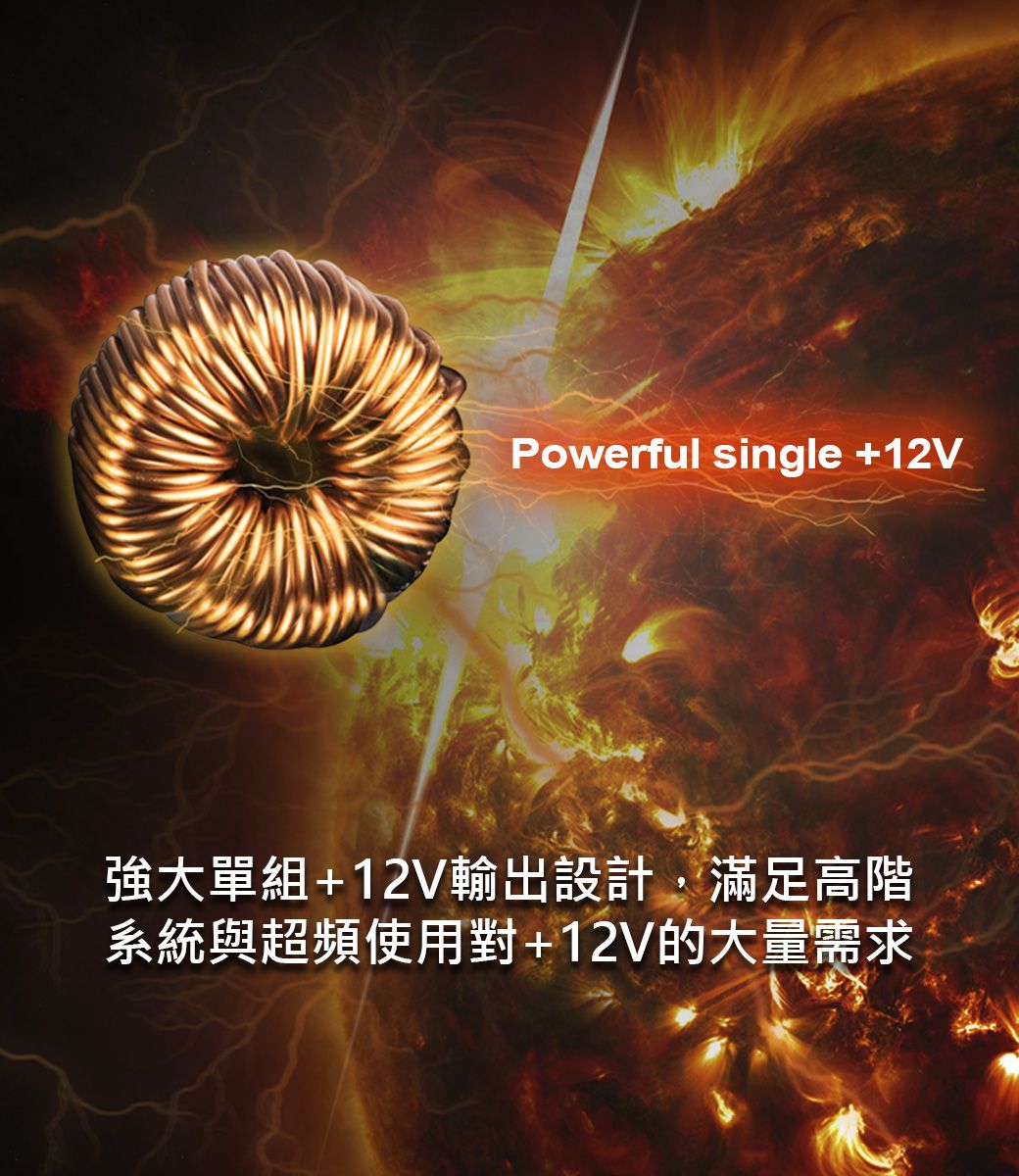 Powerful single +12V強大單組+12V輸出設計,滿足高階系統與超頻使用對+12V的大量需求
