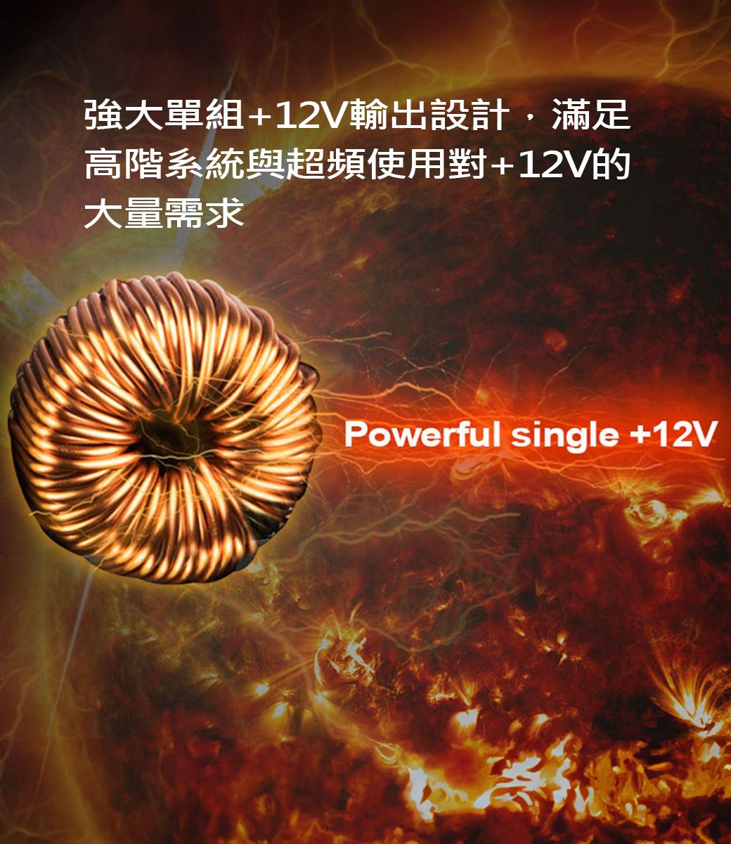 強大單組+12V輸出設計,滿足高階系統與超頻使用對+12V的大量需求Powerful single +12V