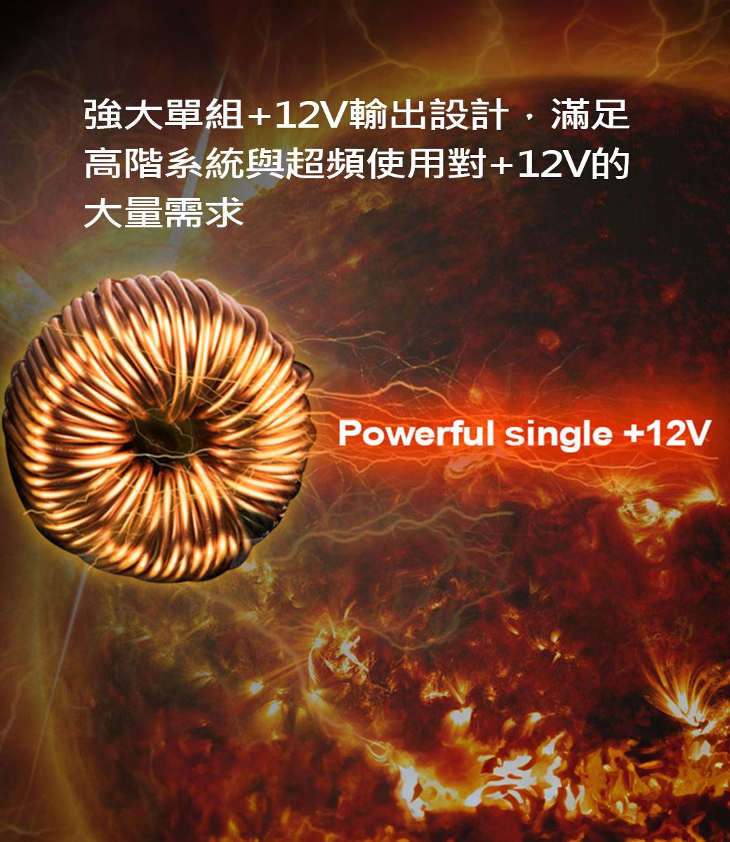 強大單組+12V輸出設計,滿足高階系統與超頻使用對+12V的大量需求Powerful single +12V
