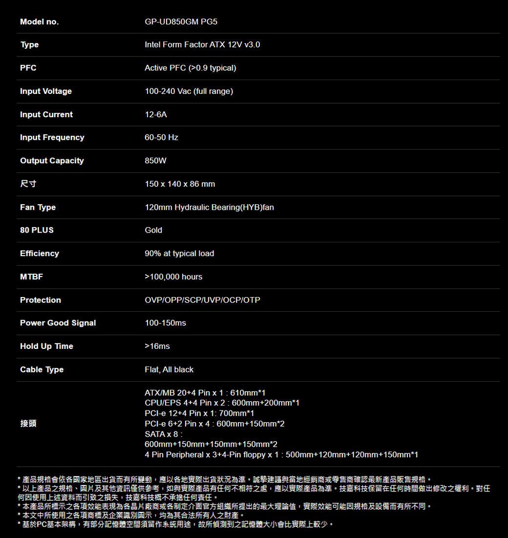 Model no.TypePFCInput VoltageInput CurrentGP-UD850GM PG5Intel Form Factor ATX 12V v3.0Active PFC (0.9 typical)100-240 Vac (full range)12-6AInput Frequency60-50 HzOutput Capacity850W尺寸Fan Type80 PLUS150 x 140 x 86 mm120mm Hydraulic Bearing(HYB)fanGoldEfficiencyMTBFProtectionPower Good SignalHold Up TimeCable Type90% at typical load100,000 hoursOVP/OPP/SCP/UVP/OCP/OTP100-150ms16ms接頭Flat, All blackATX/MB 20+4 Pin x 1 610mm*1CPU/EPS 4+4 Pinx2600mm+200mm*1PCI-e 12+4 Pin x 1700mm*1PCI-e 6+2 Pin x 4 600mm+150mm*2SATA x 8:600mm+150mm+150mm+150mm*24 Pin Peripheral x 3+4-Pin floppyx1:500mm+120mm+120mm+150mm*1*產品規格會依各國家地區出貨而有所變動,應以各地實際出貨狀況為準。誠摯建議與當地經銷商或零售商確認最新產品販售規格。*以上產品之規格、及其他資訊僅供參考,如與實際產品有任何不相符之處,應以實際產品為準。技嘉科技保留在任何時間做出修改之權利。對任何使用上述資料而引致之損失,技嘉科技概不承擔任何責任。*本產品所標示之各項效能表現為各晶片廠商或各制定介面官方組織所提出的最大理論值,實際效能可能因規格及設備而有所不同。* 本文中所使用之各項商標及企業識別示,均為其合法所有人之財產。* 基於PC基本架構,有部分記憶體空間須留作系統用途,故所偵測到之記憶體大小會比實際上較少。