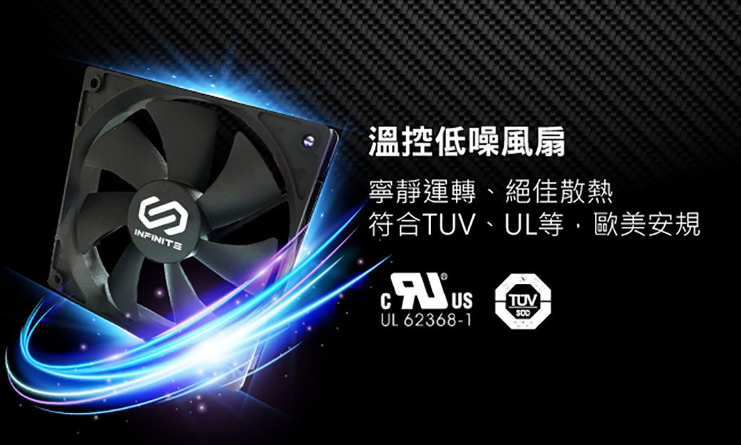 SINFINITE溫控低噪風扇寧靜運轉、絕佳散熱符合TUV、UL等,歐美安規TUVUL 62368-1