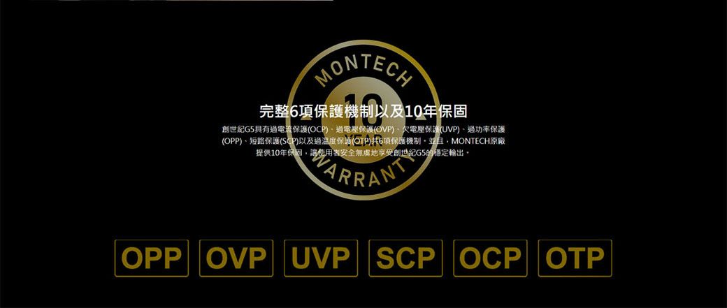 完整項保護機制以及10年保固創世紀G5具有電流保護(OCP)過保護(OVP)保護(UVP)過功率保護(OPP)短路保護(SP)以及過溫度保護(OTP)6項保護機制並且,MONTECH原廠提供10年保固,讓使用者安全無虞地享受創世紀G5的穩定輸出。OPP OVP UVP SCP OCP OTP