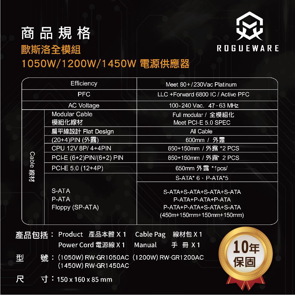 商品規格歐斯洛全模組1050W100W1450W EfficiencyPFCCable ROGUEWAREAC VoltageModular Cable模組化線材扁平線設計 Flat Design204PIN ()CPU 12V 8P 44PINE (62)PIN(62) PINPCIE 5.0 (124P)Meet 80/230Vac PlatinumLLC +Forward 6800 IC/ Active PFC100-240 Vac. 47-63 Full modular /全模組化Meet PCI-E 5.0 SPECAll Cable600mm /650+150mm2 PCS650+150mm / 2 PCS650mm1pcs/S-ATAP-ATAFloppy (SP-ATA)S-ATA* 6 P-ATA*5S-ATA+S-ATA+S-ATA+S-ATAP-ATA+P-ATA+P-ATAP-ATA+P-ATA+S-ATA+S-ATA(450m+150mm+150mm+150mm)產品包括: Product 產品本體 Cable PagPower Cord  Manual手冊 X110年型(1050W) RW-GR1050AC (1200W) RW-GR1200AC(1450W) RW-GR1450AC保固尺150  160  85 mm