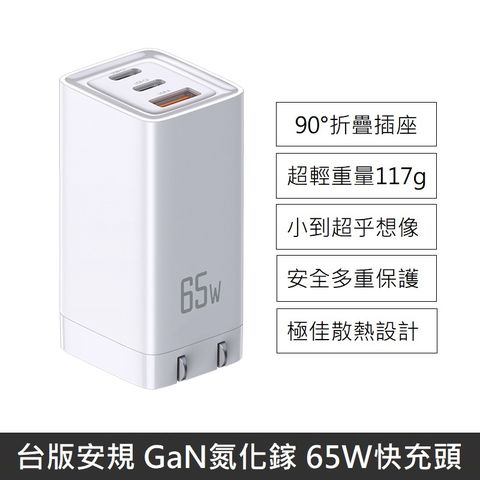 台版安規  氮化鎵 65W 快充頭 快充旅充頭 三孔 充電器 充電頭 旅行充 旅充 快充頭 快充充電器 - 白色