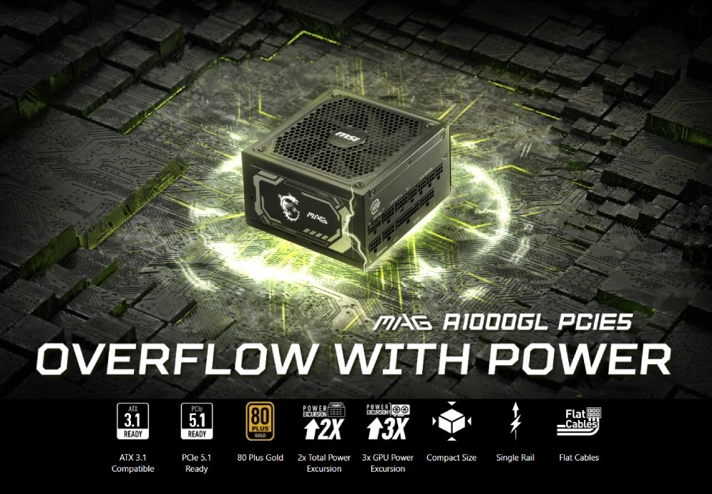 PCIESOVERFLOW WITH POWERPCle3.1READYATX 3.1CompatibleREADYPLUSPOWER  13X GPU Power Compact SizePCle 5.1Ready80 Plus Gold2x Total PowerExcursionExcursionFlat-CablesSingle RailFlat Cables