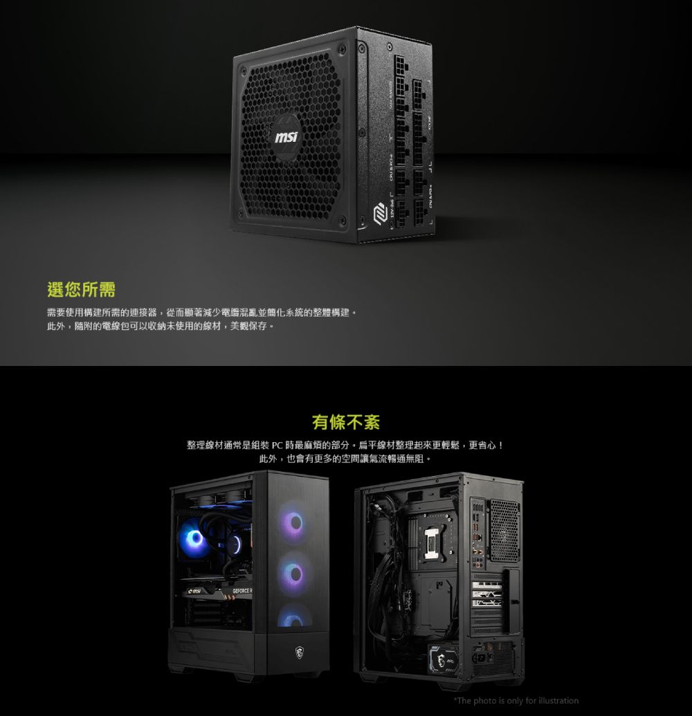 msi選您所需需要使用構建所需的連接器,從而顯著減少電混亂並簡化系統的整體構建。此外,隨附的電線包可以收納未使用的線材,美觀保存。有條不紊整理線材通常是組裝PC時最麻煩的部分。扁平線材整理起來更輕鬆,更省心!此外,也會有更多的空間讓氣流暢通無阻。GEFORCERThe photo is only for illustration