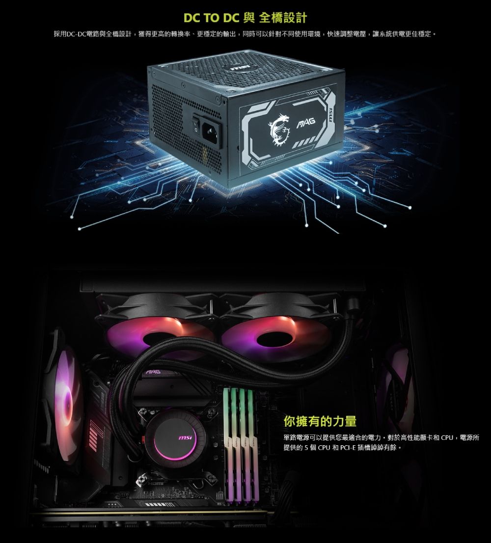 DC TO DC 與 全橋設計採用DC-DC電路與全橋設計,獲得更高的轉換率、更穩定的輸出,同時可以針對不同使用環境,快速調整電壓,讓系統供電更佳穩定。msiMAG你擁有的力量單路電源可以提供您最適合的電力。對於高性能顯卡和CPU,電源所提供的 5 個 CPU 和 PCI-E插槽綽綽有餘。