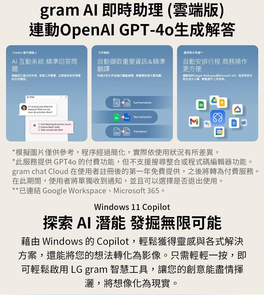gram  即時助理(雲端版)連動 GPT生成解答ChatBot 聊天機器人文件總結AI 互動系統 精準回答問題自動擷取重要資訊精準翻譯無論您只是出於好奇或是工作需要立即提供您所想要的任何資訊。快速分析文件並進行重點摘要,將重要訊息化繁為簡。 Chat visiting Lake Bled thisweekend What are themust-do activities there Visit Bled  and the church2. Explore Bled Castle3. Walk around Lake Bled植SummarizationDOCText extractionTranslation應用程式串連**自動安排行程 商務操作更方便連動您的Google Workspace與Microsoft 365,為您安排日常生活大小事,輕鬆提升工作效率。&31*模擬圖片僅供參考,程序經過簡化,實際依使用狀況有所差異。*此服務提供 GPT40的付費功能,但不支援搜尋整合或程式碼編輯器功能。gram chat Cloud 在使用者註冊後的第一年免費提供,之後將轉為付費服務。在此期間,使用者將單獨收到通知,並且可以選擇是否退出使用。**已連結 Google Workspace、Microsoft 365。Windows 11 Copilot探索 AI 潛能 發掘無限可能藉由 Windows 的 Copilot,輕鬆獲得靈感與各式解決方案,還能將您的想法轉化為影像。只需輕輕一按,即可輕鬆啟用 LG gram 智慧工具,讓您的創意能盡情揮灑,將想像化為現實。
