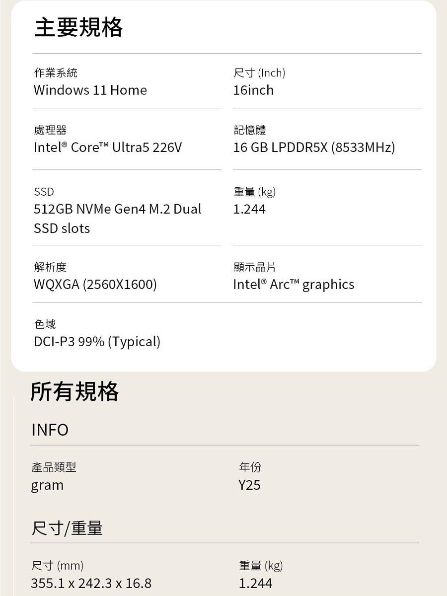 主要規格作業系統Windows 11 Home處理器尺寸 (Inch)16inch記憶體Intel® Core Ultra5 226V16 GB LPDDR5X (8533MHz)SSD512GB NVMe Gen4 M.2 DualSSD slots重量 (kg)1.244解析度WQXGA (2560X1600)色域DCI-P3 99% (Typical)所有規格INFO產品類型gram尺寸/重量尺寸(mm)355.1 x 242.3 x 16.8顯示晶片Intel®  graphics年份Y25重量 (kg)1.244