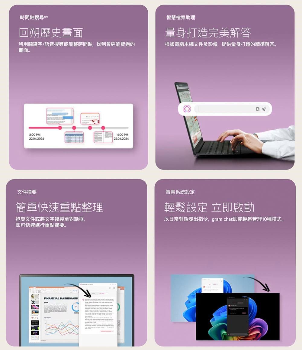時間軸搜尋**回朔歷史畫面智慧檔案助理量身打造完美解答利用關鍵字/語音搜尋或調整時間軸,找到曾經瀏覽過的畫面。根據電腦本機文件及影像,提供量身打造的精準解答。3:00 PM4:00 PM22.04.202422.04.2024文件摘要簡單快速重點整理拖曳文件或將文字複製至對話框即可快速進行重點摘要。智慧系統設定輕鬆設定 立即啟動以日常對話發出指令,gram chat即能輕鬆管理10種模式。FINANCIAL DASHBOARD
