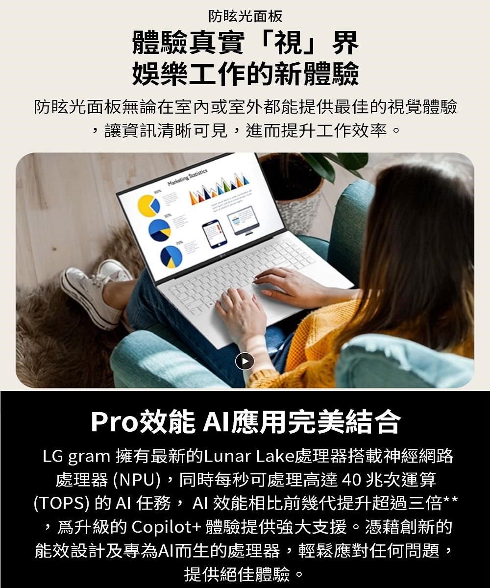防眩光面板體驗真實「視界娛樂工作的新體驗防眩光面板無論在室內或室外都能提供最佳的視覺體驗讓資訊清晰可見進而提升工作效率。Marketing StatisticsPro效能 應用完美結合LG gram 擁有最新的Lunar Lake處理器搭載神經網路處理器 (NPU),同時每秒可處理高達40兆次運算(TOPS) 的  任務,AI 效能相比前幾代提升超過三倍**,升級的 Copilot+ 體驗提供強大支援。憑藉創新的能效設計及專為AI而生的處理器,輕鬆應對任何問題,提供絕佳體驗。