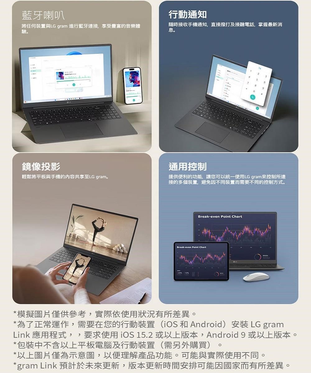 藍牙喇叭行動通知將任何裝置與LG gram 進行藍牙接享受豐富的音樂體驗隨時接收手機通知,直接撥打及接聽電話,掌握最新消息。鏡像投影輕鬆將平板與手機的內容共享至LG gram。通用控制提供便利的功能,讓您可以統一使用LG gram來控制所連接的多個裝置,避免因不同裝置而需要不同的控制方式。Breakeven  Break-even Point Chart*模擬圖片僅供參考,實際依使用狀況有所差異。*為了正常運作,需要在您的行動裝置(iOS 和 Android)安裝 LG gramLink 應用程式,,要求使用 iOS 15.2 或以上版本,Android 9 或以上版本。*包裝中不含以上平板電腦及行動裝置(需另外購買)。*以上圖片僅為示意圖,以便理解產品功能。可能與實際使用不同。*gram Link 預計於未來更新,版本更新時間安排可能因國家而有所差異。