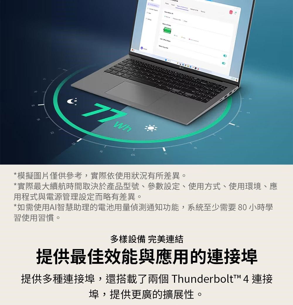 WhOL *模擬圖片僅供參考,實際依使用狀況有所差異。*實際最大續航時間取決於產品型號、參數設定、使用方式、使用環境、應用程式與電源管理設定而略有差異。*如需使用AI智慧助理的電池用量偵測通知功能,系統至少需要 80 小時學習使用習慣。多樣設備 完美連結提供最佳效能與應用的連接埠提供多種連接埠,還搭載了兩個 Thunderbolt™ 4 連接埠,提供更廣的擴展性。