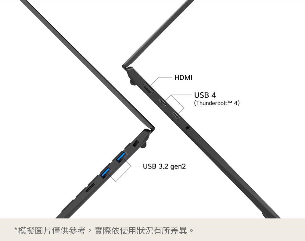 HDMIUSB 4(ThunderboltTM 4)USB 3.2 gen2*模擬圖片僅供參考,實際依使用狀況有所差異。