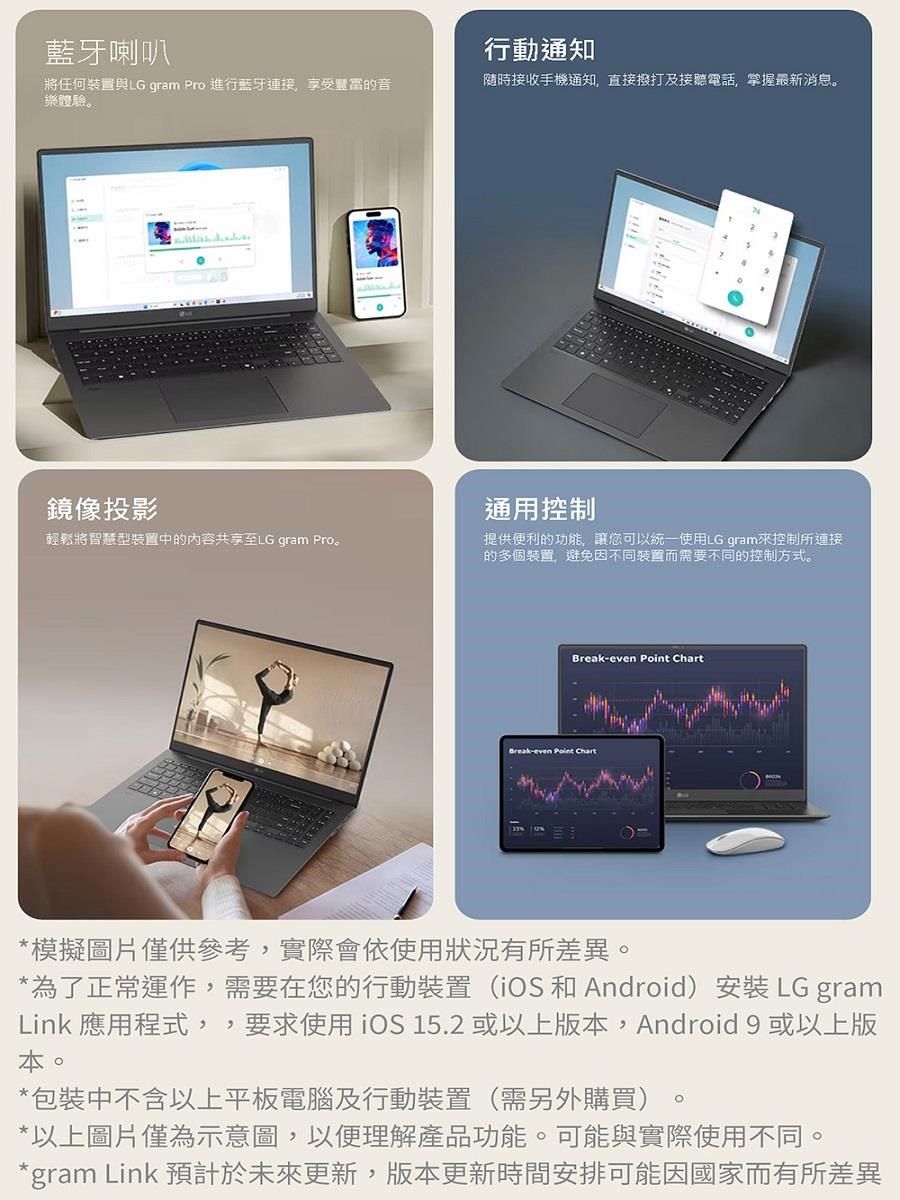 藍牙喇叭行動通知將任何裝置與LG gram Pro 進行藍牙連接,享受豐富的音樂體驗隨時接收手機通知,直接撥打及接聽電話,掌握最新消息。鏡像投影通用控制輕鬆將智慧型裝置中的內容共享至LG gram Pro。提供便利的功能,讓您可以統一使用LG gram來控制所連接的多個裝置,避免因不同裝置而需要不同的控制方式。Break-even  ChartBreak-even Point Chart*模擬圖片僅供參考,實際會依使用狀況有所差異。*為了正常運作,需要在您的行動裝置(iOS 和Android)安裝 LG gramLink 應用程式,,要求使用iOS 15.2或以上版本,Android 9 或以上版本。*包裝中不含以上平板電腦及行動裝置(需另外購買)。*以上圖片僅為示意圖,以便理解產品功能。可能與實際使用不同。*gram Link 預計於未來更新,版本更新時間安排可能因國家而有所差異