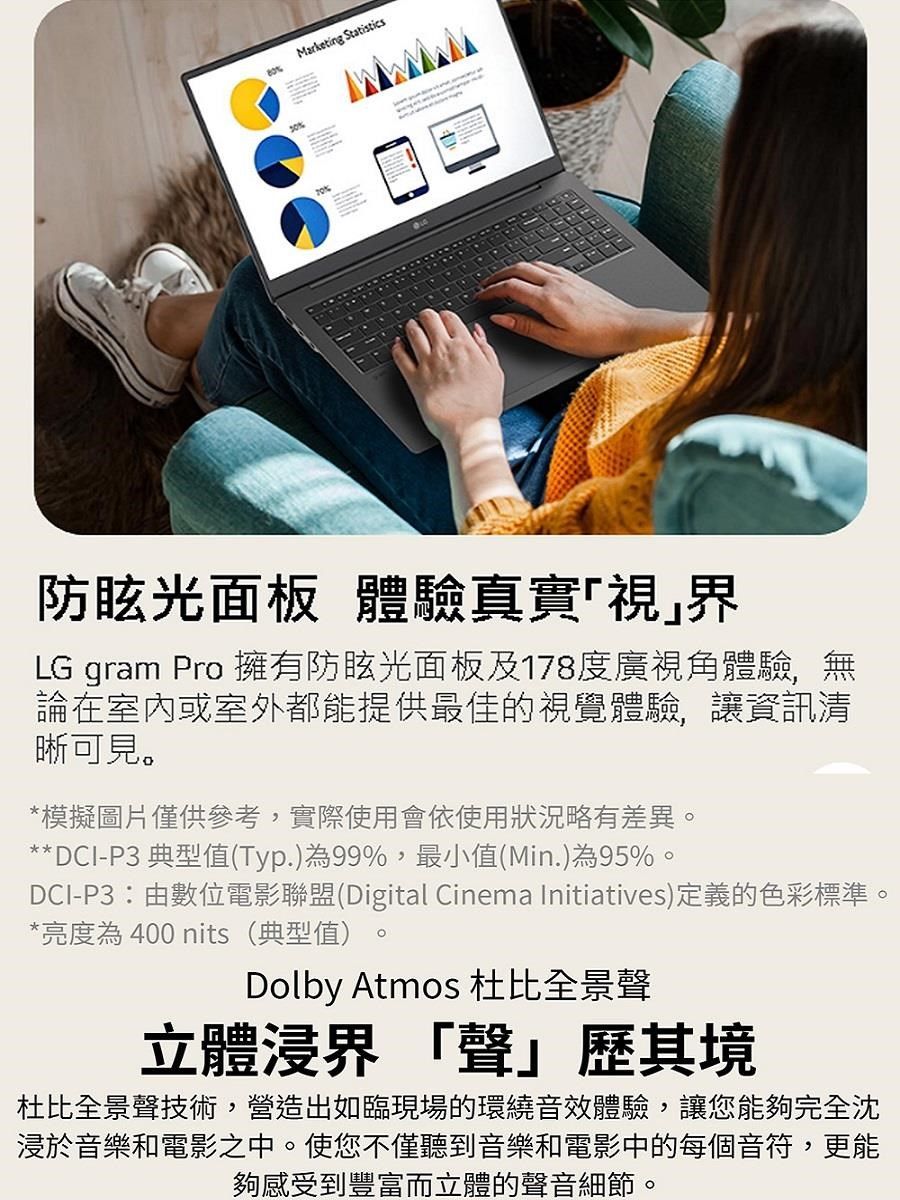 Marketing Statistics%%防眩光面板 體驗真實視LG gram Pro 擁有防眩光面板及178度廣視角體驗,無論在室內或室外都能提供最佳的視覺體驗,讓資訊清晰可見*模擬圖片僅供參考,實際使用會依使用狀況略有差異。**DCI-P3 典型值(Typ.)為99%,最小值(Min.)為95%。DCI-P3由數位電影聯盟(Digital Cinema Initiatives)定義的色彩標準。*亮度為400 nits(典型值)。Dolby Atmos 杜比全景聲立體界 「聲」歷其境杜比全景聲技術,營造出如臨現場的環繞音效體驗,讓您能夠完全沈浸於音樂和電影之中。使您不僅聽到音樂和電影中的每個音符,更能夠感受到豐富而立體的聲音細節。