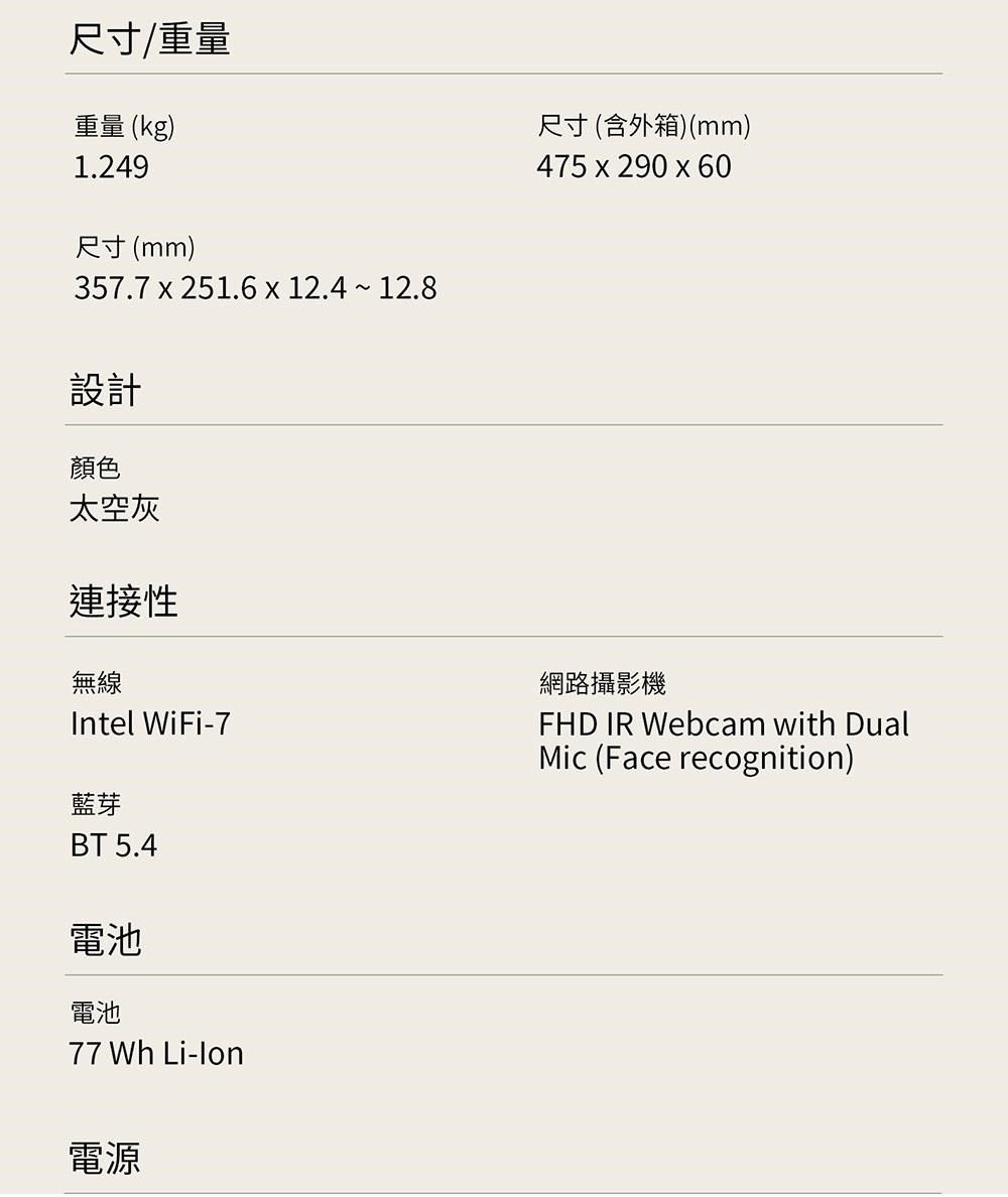 尺寸/重量重量 (kg)1.249尺寸(mm)357.7251.6x12.4~12.8尺寸(含外箱)(mm)475 x 290 x 60設計顏色太空灰連接性無線網路攝影機Intel WiFi-7藍芽BT 5.4電池電池77 Wh -lon電源FHD IR Webcam with DualMic (Face recognition)