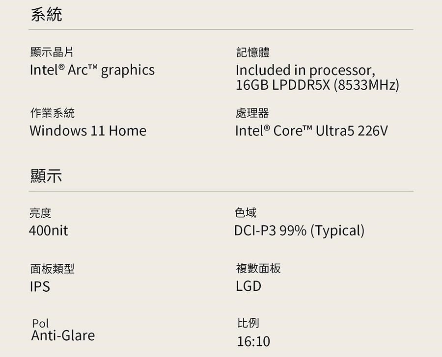 系統顯示晶片Intel®  graphics作業系統Windows 11 Home記憶體Included in processor,16GB LPDDR5X (8533MHz)處理器Intel® Core Ultra5 226V顯示亮度400nit面板類型IPSPolAnti-Glare色域DCI-P3 99% (Typical)複數面板LGD比例16:10