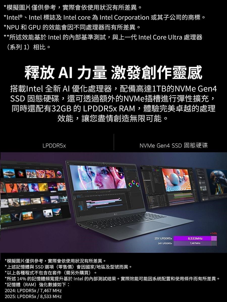 *模擬圖片僅供參考,實際會依使用狀況有所差異。*Intel®、Intel 標誌及 Intel core 為 Intel Corporation 或其子公司的商標。*NPU和GPU 的效能會不同處理器而有所差異。**所述效能基於 Intel 的內部基準測試,與上一代Intel Core Ultra 處理器(系列 1)相比。釋放 AI 力量 激發創作靈感搭載Intel 全新AI 優化處理器,配備高達1TB的NVMe Gen4SSD 固態硬碟,還可透過額外的NVMe插槽進行彈性擴充,同時還配有32GB 的 LPDDR5x RAM,體驗完美卓越的處理效能,讓您盡情創造無限可能。NVMe Gen4 SSD 固態硬碟%25Y LPDDR5x8,533MHz24Y LPDDR5X7,467MHz*模擬圖片僅供參考,實際會依使用狀況有所差異。*上述記憶體與SSD選項(零售價)會因國家/地區及型號而異。*以上各種程式不包含在套件(需另外購買)。*所述14% 的記憶體頻寬提升基於Intel 的內部測試結果。實際效能可能因系統配置和使用條件而有所差異。*記憶體(RAM)強化數據如下:2024: LPDDR5x/7,467 MHz2025: LPDDR5x/8,533MHz