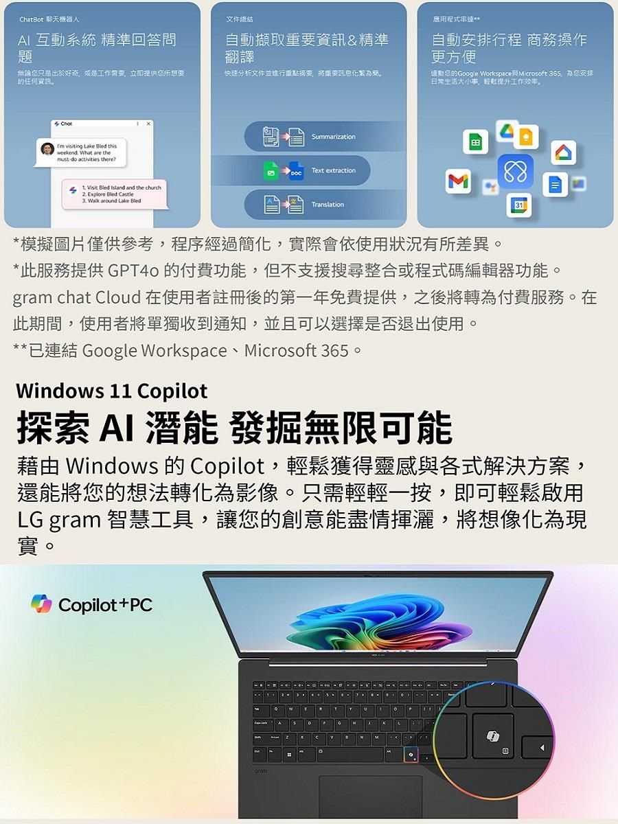 Chatot 聊天機器人AI 互動系統 精準回答問題文件自動擷取重要資訊&精準翻譯應用程式自動安排行程 商務操作更方便無論只是出於好奇或是工作需要立即提供您所想要的任何資訊快速分析文件並進行重點摘要重要運動您的Google Workspaced icrosoft 65為您安排日常生活大小,提升工作效率。  visiting e  weekend What are themust do activities there Visit  Island and the church2 Explore Bled Castle  around Lake BledSummarizationText extractionTranslation31*模擬圖片僅供參考,程序經過簡化,實際會依使用狀況有所差異。*此服務提供 GPT40 的付費功能,但不支援搜尋整合或程式碼編輯器功能。gram chat Cloud 在使用者註冊後的第一年免費提供,之後將轉為付費服務。在此期間,使用者將單獨收到通知,並且可以選擇是否退出使用。**已連結 Google Workspace、icrosoft 365。Windows 11 Copilot探索 AI  發掘無限可能藉由 Windows 的 Copilot,輕鬆獲得靈感與各式解決方案,還能將您的想法轉化為影像。只需輕輕一按,即可輕鬆啟用LG gram 智慧工具,讓您的創意能盡情揮灑,將想像化為現實。Copilot+PC LakB3M.M