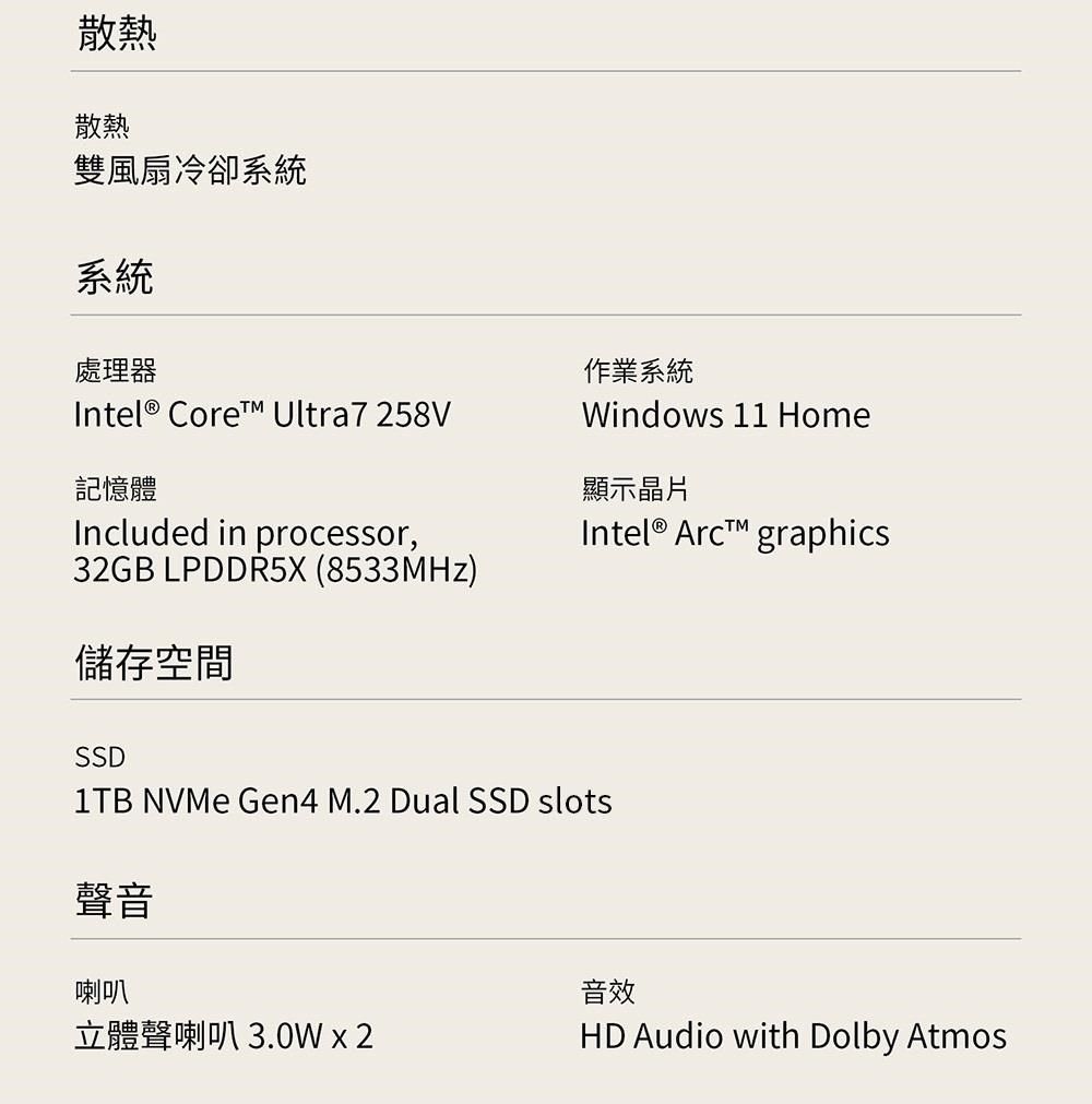 散熱散熱雙風扇冷卻系統系統處理器Intel® Core Ultra7 258V記憶體Included in processor,32GB LPDDR5X (8533MHz)儲存空間作業系統Windows 11 Home顯示晶片Intel®  graphicsSSD1TB NVMe Gen4 M.2 Dual SSD slots聲音喇叭音效立體聲喇叭 3.0W  2HD Audio with Dolby Atmos