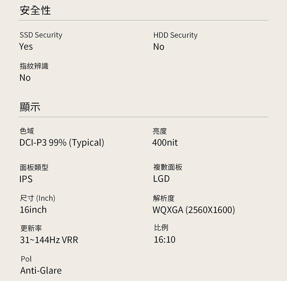 安全性SSD SecurityYes指紋辨識HDD SecurityNoNo顯示色域DCI-P3 99% (Typical)面板類型IPS尺寸 (Inch)16inch更新率31~144Hz VRRPolAnti-Glare亮度400nit複數面板LGD解析度WQXGA (2560X1600)比例16:10