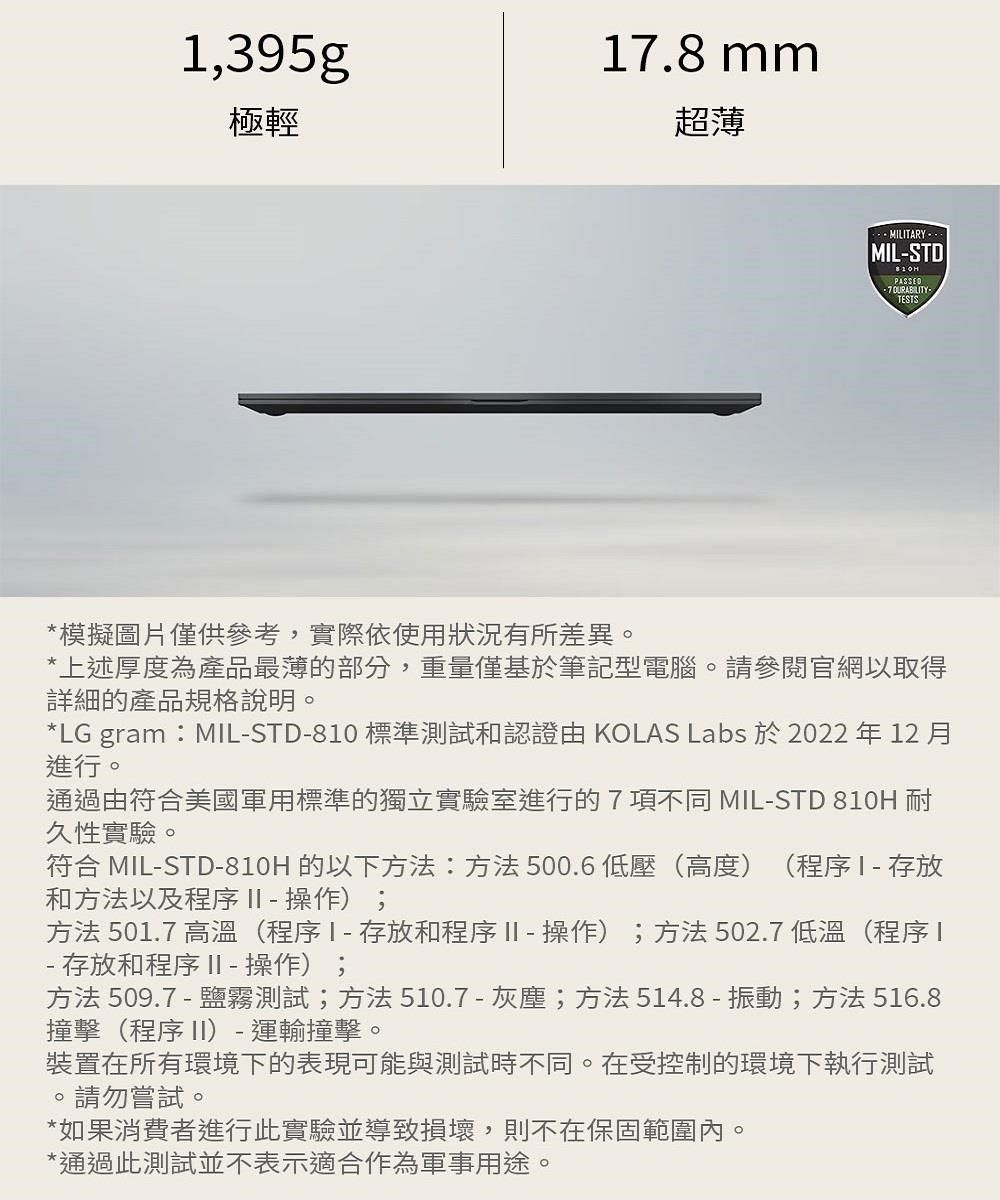 ,395g7.8mm極輕超薄MILITARY  MILSTDPASSED *模擬圖片僅供參考,實際依使用狀況有所差異。*上述厚度為產品最薄的部分,重量僅基於筆記型電腦。請參閱官網以取得詳細的產品規格說明。*LG gram:MILSTD810 標準測試和認證由 KOLAS Labs 於 2022 年 12 月進行。通過由符合美國軍用標準的獨立實驗室進行的7項不同 MIL-STD 810H耐久性實驗。-符合 MIL-STD-810H 的以下方法:方法500.6低壓(高度) (程序 1 - 存放和方法以及程序 - 操作);方法501.7 高溫(程序存放和程序II-操作);方法502.7低溫(程序1- 存放和程序 II - 操作);方法509.7-鹽霧測試;方法510.7-灰塵;方法514.8-振動;方法516.8撞擊(程序 II)- 運輸撞擊。裝置在所有環境下的表現可能與測試時不同。在受控制的環境下執行測試請勿嘗試。*如果消費者進行此實驗並導致損壞,則不在保固範圍內。*通過此測試並不表示適合作為軍事用途。