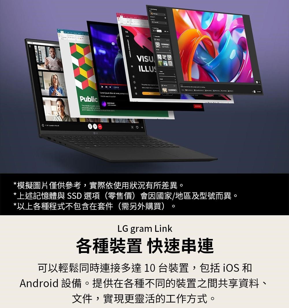 ILLUS    Public       *模擬圖片僅供參考,實際依使用狀況有所差異*上述記憶體與 SSD 選項(零售價)會國家/地區及型號而異。*以上各種程式不包含在套件(需另外購買)LG gram Link。各種裝置 快速串連可以輕鬆同時連接多達10台裝置,包括  和Android 設備。提供在各種不同的裝置之間共享資料、文件,實現更靈活的工作方式。