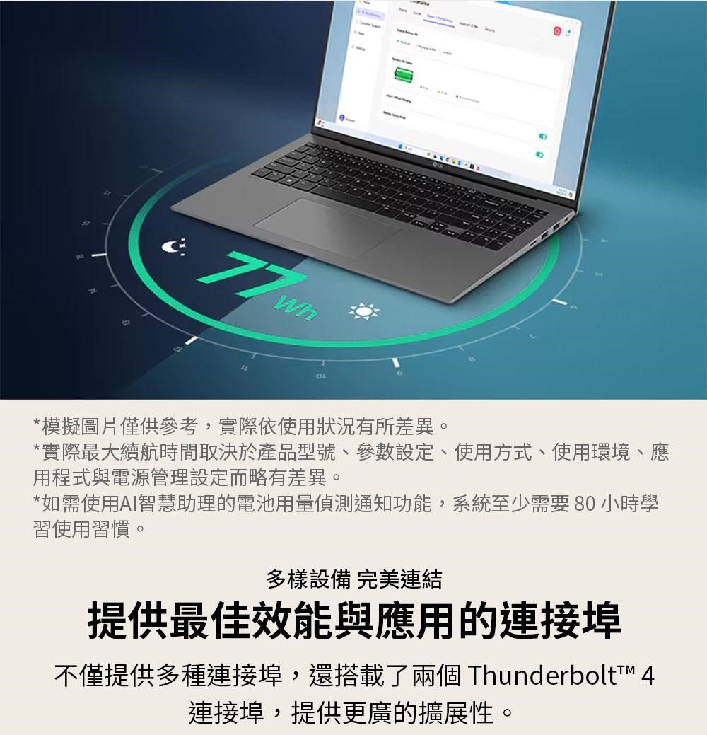 Wh*模擬圖片僅供參考,實際依使用狀況有所差異。*實際最大續航時間取決於產品型號、參數設定、使用方式、使用環境、應用程式與電源管理設定而略有差異。*如需使用AI智慧助理的電池用量偵測通知功能,系統至少需要 80 小時學習使用習慣。多樣設備 完美連結提供最佳效能與應用的連接埠不僅提供多種連接埠,還搭載了兩個 Thunderbolt™ 4連接埠,提供更廣的擴展性。