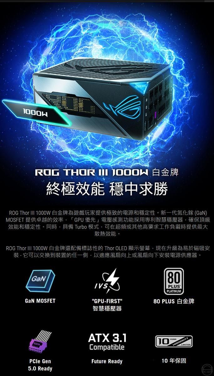 ROG    金牌終極效能 穩中求勝ROG Thor  00W白金牌為遊戲玩家提供極致的電源和穩定性新一代氮化鎵()MOSFET 提供卓越的效率GPU優先」電壓感測功能採用專利智慧穩壓器確保頂級效能和穩定性同時具備 Turbo 模式,可在超頻或其他高要求工作負載時提供最大散熱效能。ROG Thor  1000W白金牌還配備標誌性的 Thor OLED 顯示螢幕,現在升級為易於磁吸安 - 它可以交換到裝置的任一側,以適應風扇向上或風扇向下安裝電源供應器。GaNGaN MOSFET Gen5.0 Ready80IVSGPU-FIRST智慧穩壓器PLUSPLATINUM80 PLUS 白金牌ATX 3.1CompatibleFuture Ready1010年保固