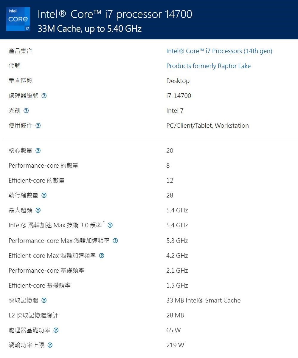 intel產品集合代號垂直區段Intel® Core  processor 1470033M Cache, up to 5.40 GHz處理器編號 光刻 使用條件 Intel® Core™ i7 Processors (14th gen)Products formerly Raptor LakeDesktopi7-14700Intel 7PC/Client/Tablet, Workstation核心數量 Performance-core 的數量Efficient-core 的數量執行緒數量 最大超頻 20812285.4 GHzIntel® 渦輪加速 Max 技術 3.0 頻率 5.4 GHzPerformance-core Max 渦輪加速頻率 5.3 GHzEfficient-core Max 渦輪加速頻率 4.2 GHzPerformance-core 基礎頻率2.1 GHzEfficient-core 基礎頻率快取記憶體 L2 快取記憶體總計處理器基礎功率渦輪功率上限 1.5 GHz33 MB Intel® Smart Cache28 MB65 W219 W