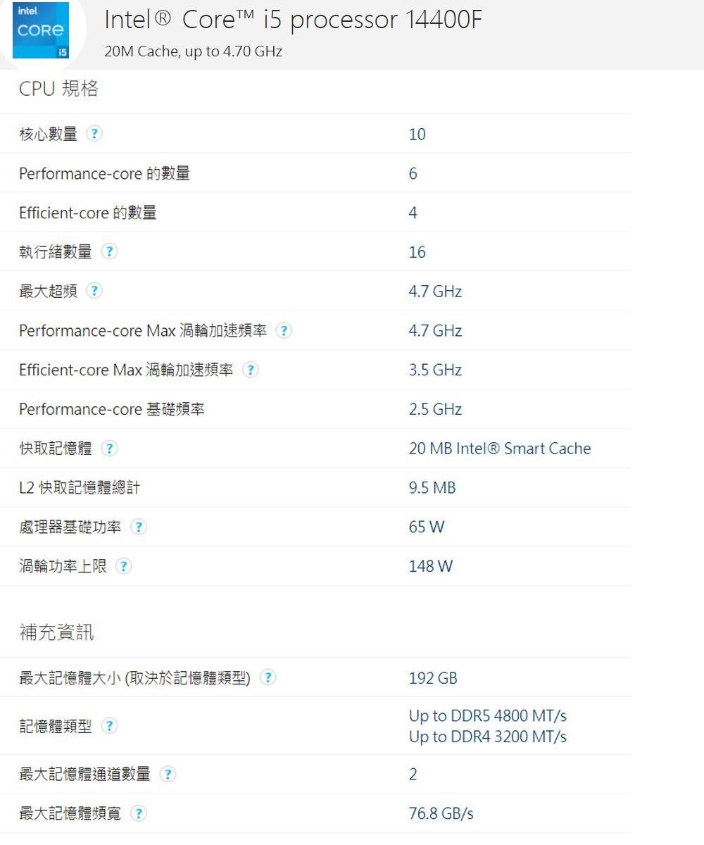 intelCPU 規格Intel® Core™ i5 procesor 14400F20M Cache, up to 4.70 GHz核心數量?10Performance-core 的數量6Efficient-core 的數量4執行緒數量(?16最大超頻(?4.7 GHzPerformance-core Max 渦輪加速頻率(?)4.7 GHzEfficient-core Max 渦輪加速頻率(?)3.5 GHzPerformance-core 基礎頻率2.5 GHz快取記憶體(?L2 快取記憶體總計處理器基礎功率?渦輪功率上限?補充資訊最大記憶體大小 (取決於記憶體類型)?記憶體類型(?最大記憶體通道數量(?)最大記憶體頻寬?20 MB Intel® Smart Cache9.5 MB65 W148 W192 GBUp to DDR5 4800 MT/sUp to DDR4 3200 MT/s276.8 GB/s