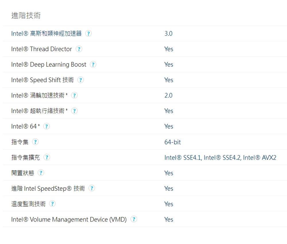 進階技術Intel® 高斯和類神經加速器3.0Intel® Thread Director ?YesIntel® Deep Learning Boost ?YesIntel® Speed Shift 技術?YesIntel® 渦輪加速技術?2.0Intel® 超執行緒技術?YesIntel® 64  Yes指令集?64-bit指令集擴充Intel® SSE4.1, Intel® SSE4.2, Intel® AVX2閒置狀態(?)Yes進階 Intel SpeedStep® 技術(?)Yes溫度監測技術(YesIntel® Volume Management Device (VMD)Yes