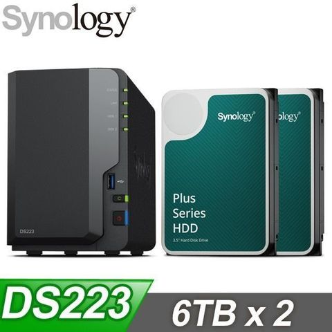 【南紡購物中心】 ☆促銷組合★ Synology DiskStation DS223 2Bay NAS+Synology HAT3300 PLUS 6TB NAS硬碟(X2)