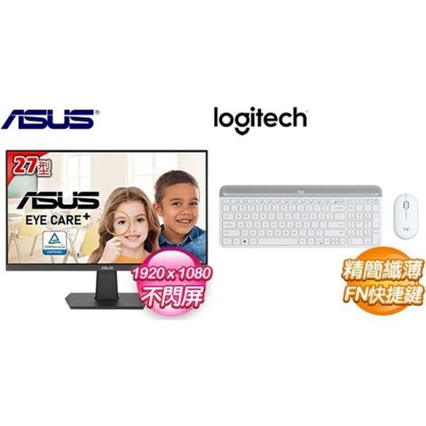 ASUS 華碩 〈限時〉VA27EHF 27型 IPS護眼螢幕+羅技 MK470 無線鍵鼠組-白