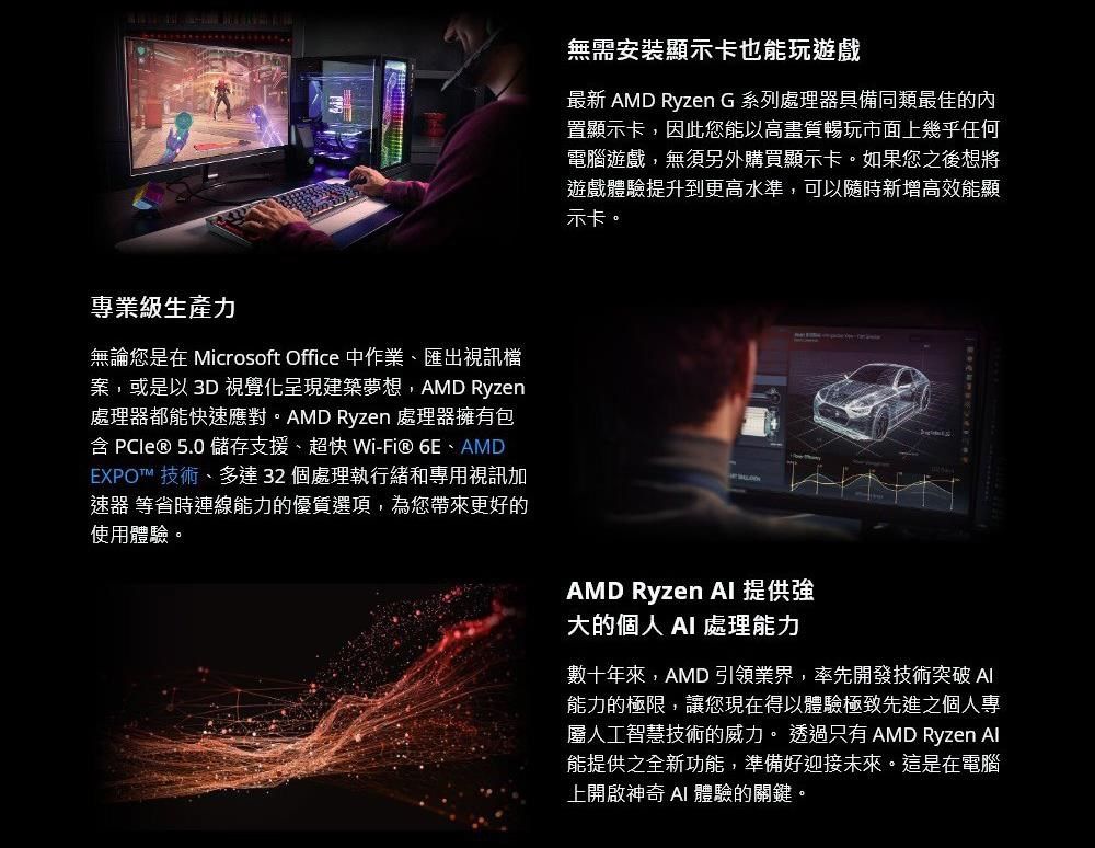 專業級生產力無論您是在 Microsoft Office 中作業、匯出視訊檔案,或是以 3D 視覺化呈現建築夢想,AMD Ryzen處理器都能快速應對。AMD Ryzen 處理器擁有包含 PCle® 5.0 儲存支援、 Wi-Fi®6E、AMDEXPOT 技術、多達 32 個處理執行緒和專用視訊加速器 等省時連線能力的優質選項,為您帶來更好的使用體驗。無需安裝顯示卡也能玩遊戲最新 AMD Ryzen G 系列處理器具備同類最佳的內置顯示卡,因此您能以高畫質暢玩市面上幾乎任何電腦遊戲,無須另外購買顯示卡。如果您之後想將遊戲體驗提升到更高水準,可以隨時新增高效能顯示卡。AMD Ryzen  提供大的個人  處理能力數十年來,AMD 引領業界,率先開發技術突破 能力的極限,讓您現在得以體驗極致先進之個人專人工智慧技術的威力。 透過只有 AMD Ryzen Al能提供之全新功能,準備好迎接未來。這是在電腦上開啟神奇 AI 體驗的關鍵。