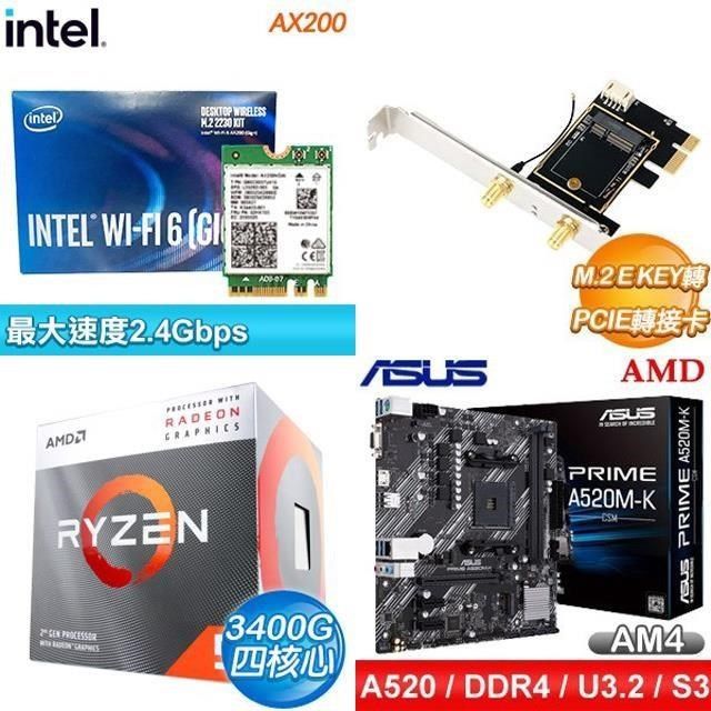 AMD 超微 〈限時〉R5 3400G+華碩 A520M-K CSM 主機板+無線網卡+轉接卡