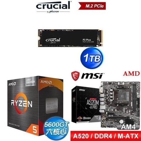 AMD 超微 〈鈔省價〉 R5 5600GT+微星 A520M-A PRO M-ATX主機板+美光 P3 Plus 1TB SSD