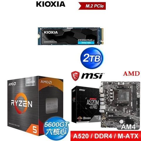 AMD 超微 〈鈔省價〉 R5 5600GT+微星 A520M-A PRO 主機板+鎧俠 EXCERIA PLUS G3 2TB SSD