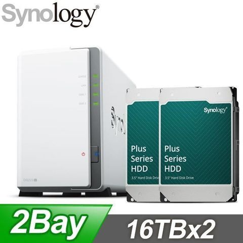 Synology 群暉 〈鈔省價〉DS223j 2Bay NAS+HAT3310 PLUS 16TB NAS硬碟(X2)