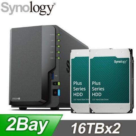 Synology 群暉 〈鈔省價〉DS224+ 2Bay NAS+HAT3310 PLUS 16TB NAS硬碟(X2)