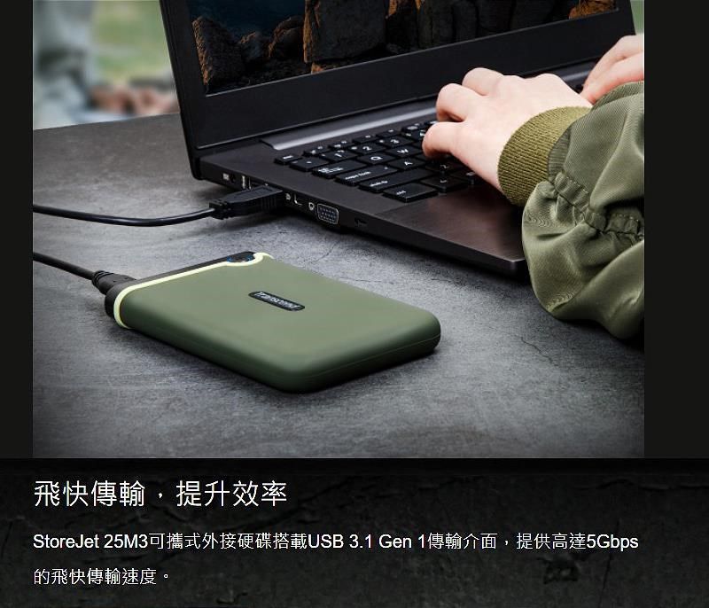 飛快傳輸,提升效率StoreJet 25M3可攜式外接硬碟搭載USB 3.1 Gen 1傳輸介面,提供高達5Gbps的飛快傳輸速度。