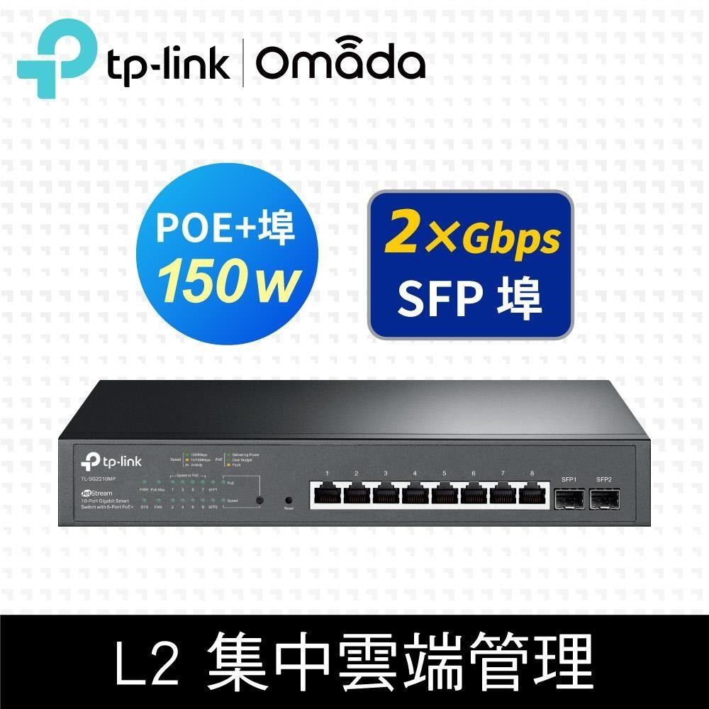 TP-Link 【南紡購物中心】 限量促銷 TL-SG2210MP 10埠 Gigabit 桌上型 SFP光纖端口 智慧管理型 PoE switch交換器(150W)